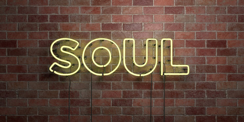 SOUL - fluorescent Neon tube Sign on brickwork - Front view - 3D rendered royalty free stock picture. Can be used for online banner ads and direct mailers..