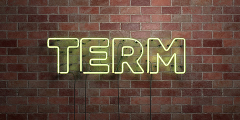 TERM - fluorescent Neon tube Sign on brickwork - Front view - 3D rendered royalty free stock picture. Can be used for online banner ads and direct mailers..