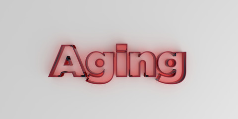 Aging - Red glass text on white background - 3D rendered royalty free stock image.