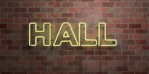 HALL - fluorescent Neon tube Sign on brickwork - Front view - 3D rendered royalty free stock picture. Can be used for online banner ads and direct mailers..