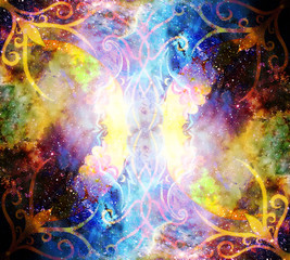 filigrane floral ornament on cosmic backgrond, computer collage.