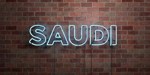 SAUDI - fluorescent Neon tube Sign on brickwork - Front view - 3D rendered royalty free stock picture. Can be used for online banner ads and direct mailers..