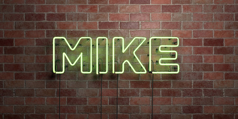 MIKE - fluorescent Neon tube Sign on brickwork - Front view - 3D rendered royalty free stock picture. Can be used for online banner ads and direct mailers..