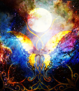 butterfly in cosmic space and moon with ornament. Painting and graphic design.