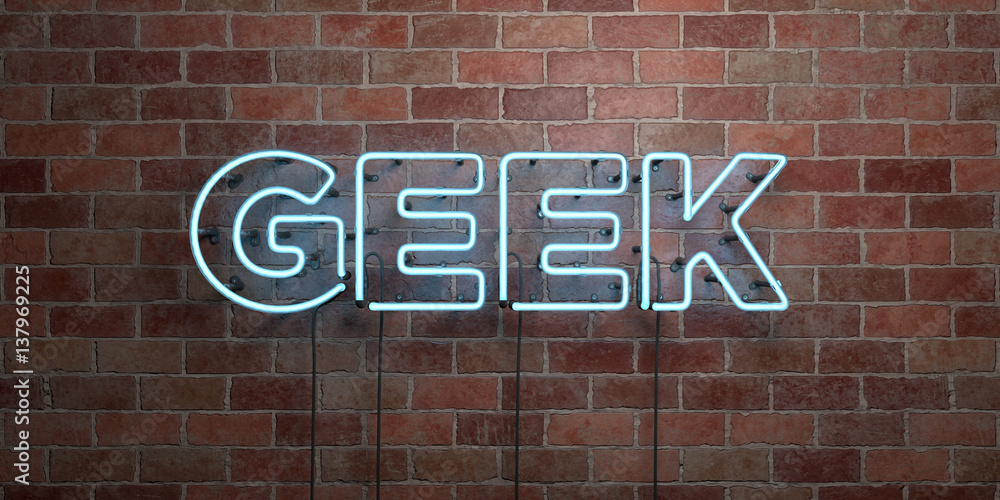 Fototapete GEEK - fluorescent Neon tube Sign on brickwork - Front view - 3D rendered royalty free stock picture. Can be used for online banner ads and direct mailers..