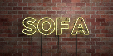SOFA - fluorescent Neon tube Sign on brickwork - Front view - 3D rendered royalty free stock picture. Can be used for online banner ads and direct mailers..