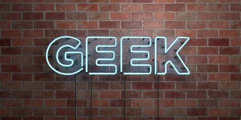 Fotobehang GEEK - fluorescent Neon tube Sign on brickwork - Front view - 3D rendered royalty free stock picture. Can be used for online banner ads and direct mailers.. © Chris Titze Imaging