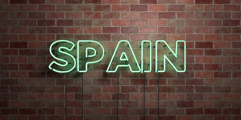 SPAIN - fluorescent Neon tube Sign on brickwork - Front view - 3D rendered royalty free stock picture. Can be used for online banner ads and direct mailers..