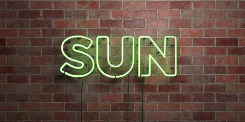 SUN - fluorescent Neon tube Sign on brickwork - Front view - 3D rendered royalty free stock picture. Can be used for online banner ads and direct mailers..