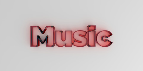 Music - Red glass text on white background - 3D rendered royalty free stock image.