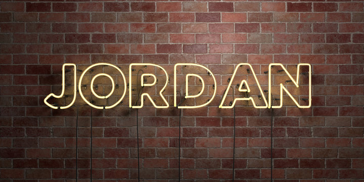 JORDAN - fluorescent Neon tube Sign on brickwork - Front view - 3D rendered royalty free stock picture. Can be used for online banner ads and direct mailers..