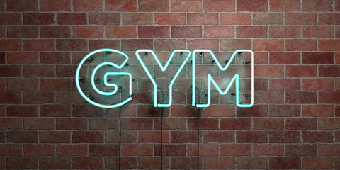 GYM - fluorescent Neon tube Sign on brickwork - Front view - 3D rendered royalty free stock picture. Can be used for online banner ads and direct mailers..