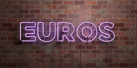 EUROS - fluorescent Neon tube Sign on brickwork - Front view - 3D rendered royalty free stock picture. Can be used for online banner ads and direct mailers..