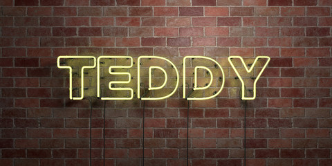 TEDDY - fluorescent Neon tube Sign on brickwork - Front view - 3D rendered royalty free stock picture. Can be used for online banner ads and direct mailers..
