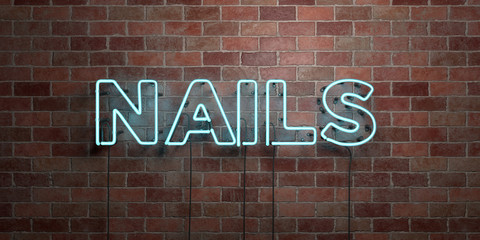 NAILS - fluorescent Neon tube Sign on brickwork - Front view - 3D rendered royalty free stock picture. Can be used for online banner ads and direct mailers..
