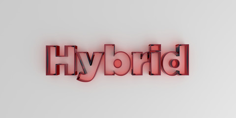 Hybrid - Red glass text on white background - 3D rendered royalty free stock image.