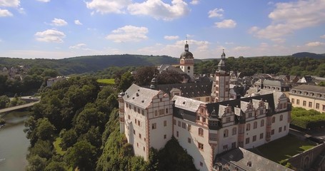 Naklejka premium Baroque Residence Weilburg above the Lahn river, Hessen, Germany, Aerial, Jul 2016