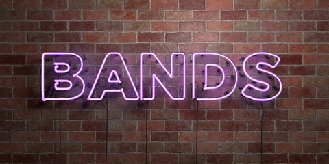 BANDS - fluorescent Neon tube Sign on brickwork - Front view - 3D rendered royalty free stock picture. Can be used for online banner ads and direct mailers..
