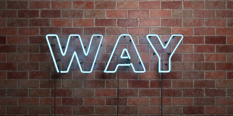 WAY - fluorescent Neon tube Sign on brickwork - Front view - 3D rendered royalty free stock picture. Can be used for online banner ads and direct mailers..