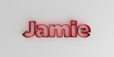 Jamie - Red glass text on white background - 3D rendered royalty free stock image.