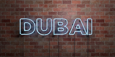 Obraz premium DUBAI - fluorescent Neon tube Sign on brickwork - Front view - 3D rendered royalty free stock picture. Can be used for online banner ads and direct mailers..