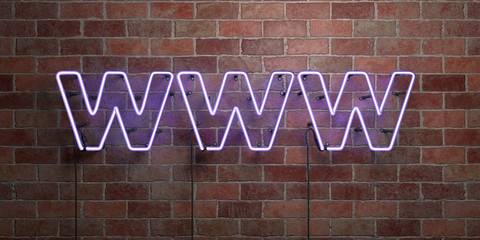 WWW - fluorescent Neon tube Sign on brickwork - Front view - 3D rendered royalty free stock picture. Can be used for online banner ads and direct mailers..