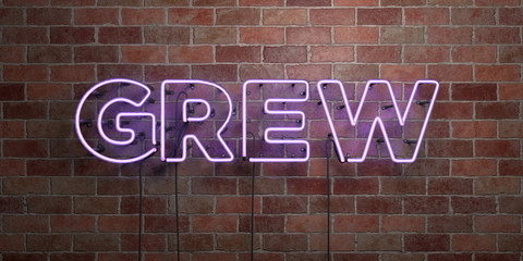 GREW - fluorescent Neon tube Sign on brickwork - Front view - 3D rendered royalty free stock picture. Can be used for online banner ads and direct mailers..