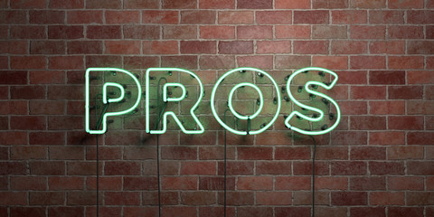 PROS - fluorescent Neon tube Sign on brickwork - Front view - 3D rendered royalty free stock picture. Can be used for online banner ads and direct mailers..