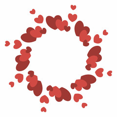 Elegant round frame of red hearts of various sizes. Decorative element for design for weddings, Valentine's Day, parties for young people.