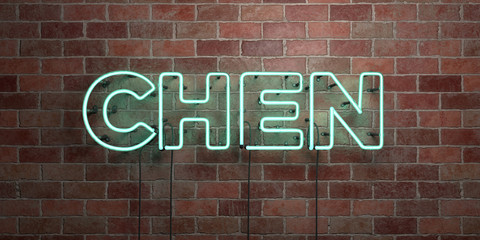 CHEN - fluorescent Neon tube Sign on brickwork - Front view - 3D rendered royalty free stock picture. Can be used for online banner ads and direct mailers..