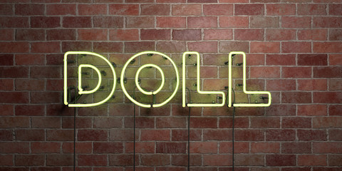 DOLL - fluorescent Neon tube Sign on brickwork - Front view - 3D rendered royalty free stock picture. Can be used for online banner ads and direct mailers..