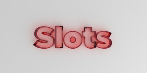 Slots - Red glass text on white background - 3D rendered royalty free stock image.