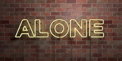 ALONE - fluorescent Neon tube Sign on brickwork - Front view - 3D rendered royalty free stock picture. Can be used for online banner ads and direct mailers..