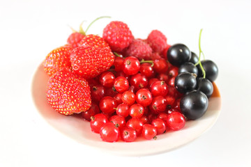 Berries red currant, strawberry, blackberry and raspberry on a plate