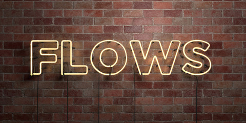 FLOWS - fluorescent Neon tube Sign on brickwork - Front view - 3D rendered royalty free stock picture. Can be used for online banner ads and direct mailers..