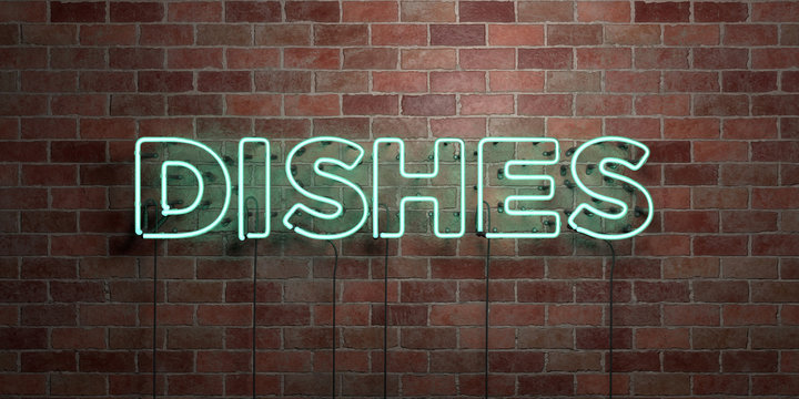 DISHES - fluorescent Neon tube Sign on brickwork - Front view - 3D rendered royalty free stock picture. Can be used for online banner ads and direct mailers..