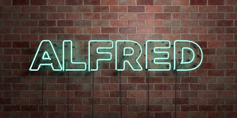 Obraz premium ALFRED - fluorescent Neon tube Sign on brickwork - Front view - 3D rendered royalty free stock picture. Can be used for online banner ads and direct mailers..