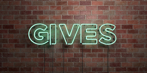 GIVES - fluorescent Neon tube Sign on brickwork - Front view - 3D rendered royalty free stock picture. Can be used for online banner ads and direct mailers..