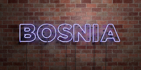 Obraz premium BOSNIA - fluorescent Neon tube Sign on brickwork - Front view - 3D rendered royalty free stock picture. Can be used for online banner ads and direct mailers..