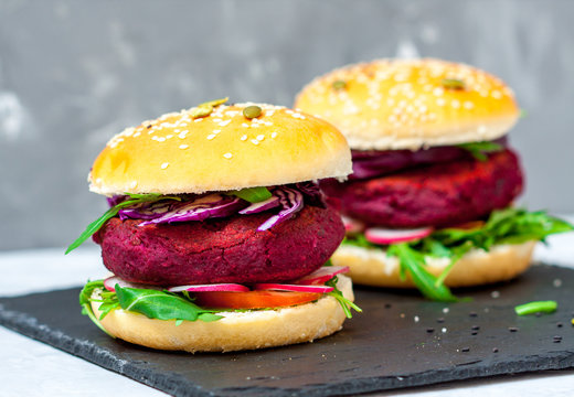 Veggie beet and lentil burgers with vegetables. Love for a healthy vegan food concept