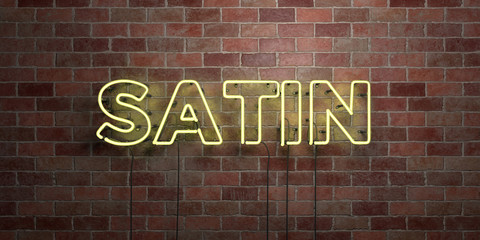 SATIN - fluorescent Neon tube Sign on brickwork - Front view - 3D rendered royalty free stock picture. Can be used for online banner ads and direct mailers..