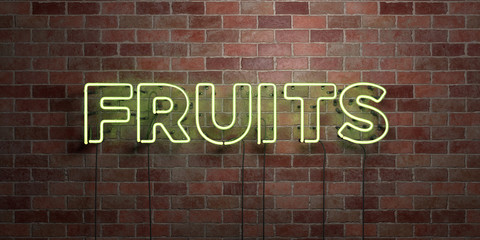Fototapeta na wymiar FRUITS - fluorescent Neon tube Sign on brickwork - Front view - 3D rendered royalty free stock picture. Can be used for online banner ads and direct mailers..