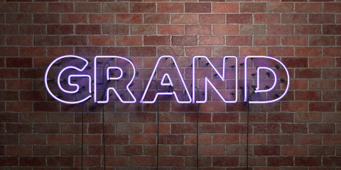 GRAND - fluorescent Neon tube Sign on brickwork - Front view - 3D rendered royalty free stock picture. Can be used for online banner ads and direct mailers..