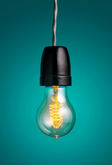 antique edison style filament light bulbs hanging light bulb over green background.