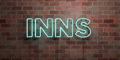 INNS - fluorescent Neon tube Sign on brickwork - Front view - 3D rendered royalty free stock picture. Can be used for online banner ads and direct mailers..