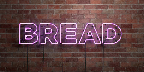 BREAD - fluorescent Neon tube Sign on brickwork - Front view - 3D rendered royalty free stock picture. Can be used for online banner ads and direct mailers..