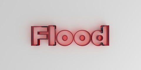 Flood - Red glass text on white background - 3D rendered royalty free stock image.