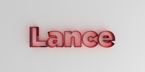 Lance - Red glass text on white background - 3D rendered royalty free stock image.