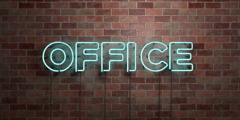 OFFICE - fluorescent Neon tube Sign on brickwork - Front view - 3D rendered royalty free stock picture. Can be used for online banner ads and direct mailers..
