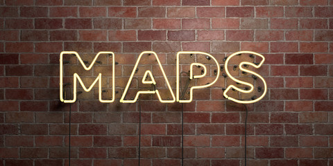 MAPS - fluorescent Neon tube Sign on brickwork - Front view - 3D rendered royalty free stock picture. Can be used for online banner ads and direct mailers..